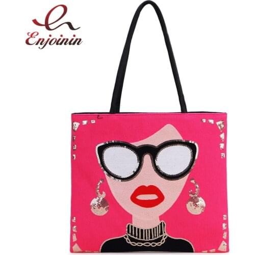 Fashion Women Purses and Handbags Evening Tote Bag Sequin PU Leather with Lovely Lady Face Funky Shopping Bag Shoulder Bag Pouch
