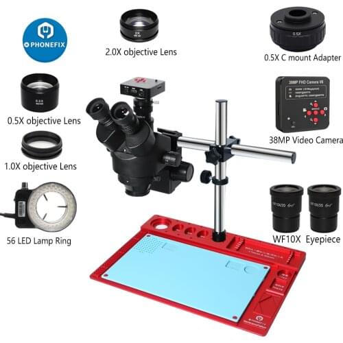 3.5X-90X Double Rod Simul Focal Trinocular Stereo Microscope 38MP HDMI Digital USB Microscopio Camera for Phone PCB Repair Tools
