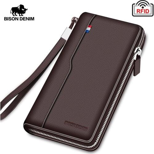 Bison Denim Business Casual Mens Purse Genuine Leather Card Holder Cowskin Money Purse For Men Zipper Coin Purse
