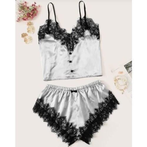 2 Pcs Ladys Fashionable Summer Pajamas Set, Sexy Lace Button Sun-top, Loose Elasticated Waist Bow Shorts, Daily Life
