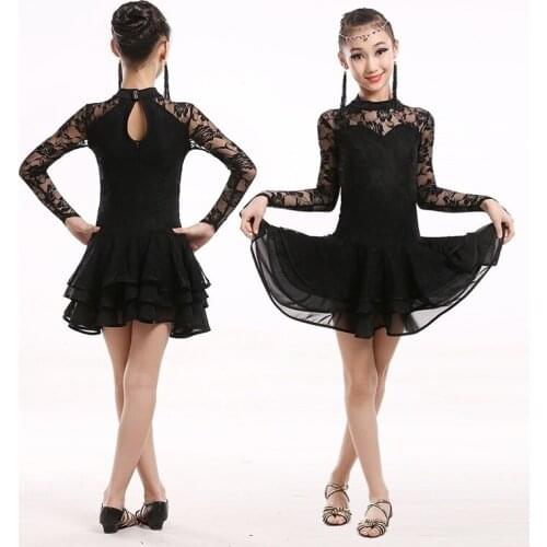 Girl Floral Dance Dress Latin Mesh Dance Wear Costume Ballroom Tango Rumba Costume Lace Long-sleeved Practice Clothes 933-383