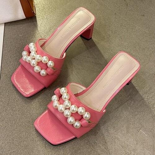 Women Summer New String Bead High Heels Female Square Heel Sandals Slippers Ladies Luxury Party Soft Bottom Slides High-heeled
