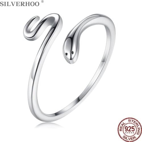 SILVERHOO Real 925 Sterling Silver Simple Open Adjustable Rings For Women Snake Black CZ Cocktail Finger Ring Silver Jewelry