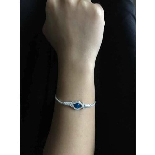 Blue Stone Big Mat handmade Knitted Kazaziye Silver Women Bracelet