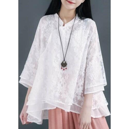 Tunic Women Lace Top White Black Cotton Linen Vintage Button up Shirt Ladies Loose Casual Blouse 3/4 Sleeve Stand collar