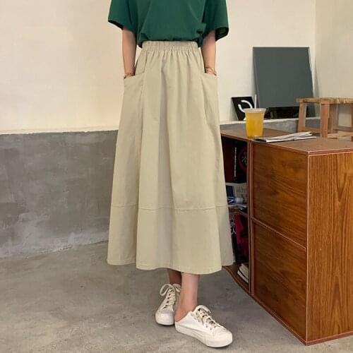 2021 Autumn New Korean High Waist Slim Slim Pocket A-line Skirt Casual Simple Solid Lazy Style Women Long Skirt Free Shipping