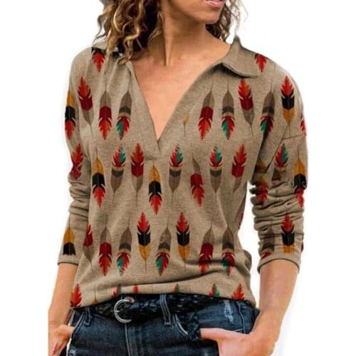 Women Fashion Casual Long Sleeve Casual Blouse Turn-down Collar Chic V Neck Retro Printed Blouse Daily wear