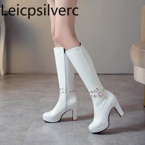Womens Boots The New winter fashion zipper Rivet High heel High tube Womens shoes plus size 33-43 Heel Height 9cm black white