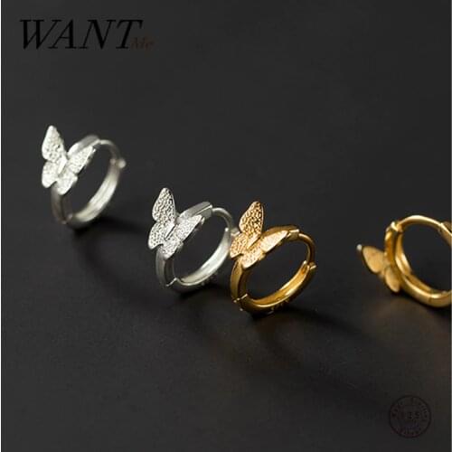 WANTME 925 Sterling Silver Fashion Cute Butterfly Piercing Ear Buckle Earrings for Women Romantic Charm Rock Couple Hoop Jewelry