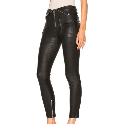 Women Folding Waist PU Washed Leather Pants 2020 Spring Punk Skinny Legging Pencil Pants Zipper Motocycle Black Leather Trousers