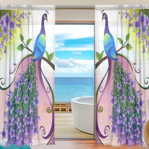 2 Pieces Pretty Peacock Printed Animal Child Curtains Window Semi-shading Polyester Curtains for the Bedroom Living Room Kitchen