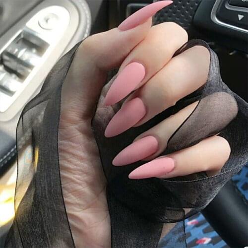 24 Pcs/set Long Almond Shape Frosted Matte Pink Fake Nails Reusable Ultra Thin Fashion Solid Color False Nails with Glue Sticker