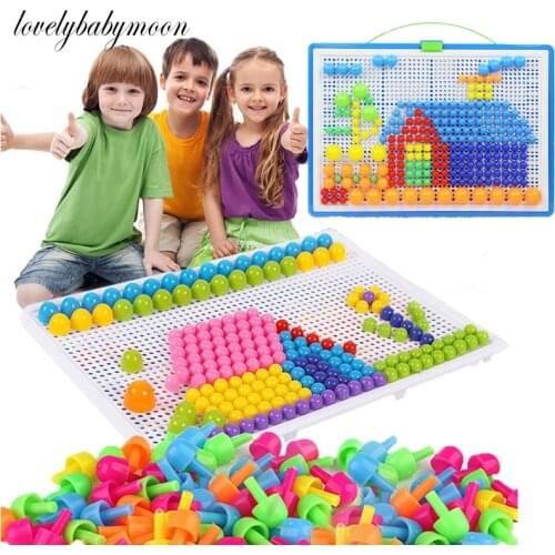 296 Pieces/Set Box-packed Grain Mushroom Nail Beads Intelligent 3D Puzzle Games Jigsaw Board for Children Kids Educational Toys