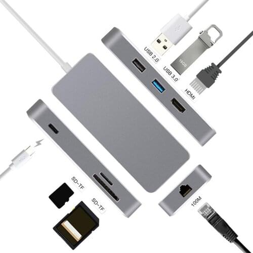 7 in 1 TypeC USB C Hub Multiport USB 3.0 Type C to HDMI USB 3.0 RJ45 SD/TF Card Reader PD Charging Adapter Converter for Ma c