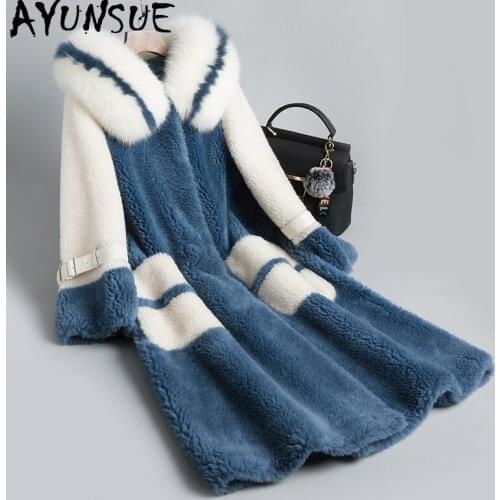 AYUNSUE Women Sheep Shearing Coats Real Wool Fur Coat Natural Fox Fur Collar Hooded Long Warm Winter Female Jacket 2020 SY125
