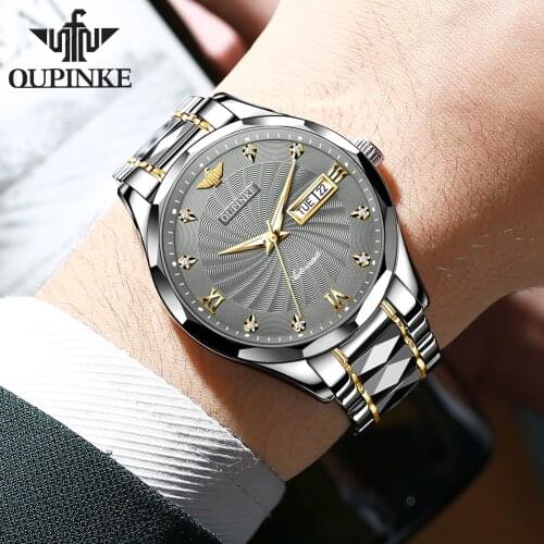 OUPINKE mens watch Swiss top brand automatic mechanical watch luminous diamond double calendar waterproof business wirst Watch