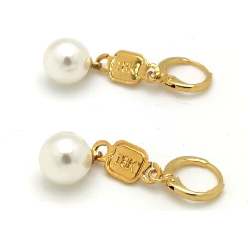 DIY 18 K Stamp Yellow Fine Gold GF Earrings Ladys Elegant 10mm Pearl Drop Clip Dangle Hoop