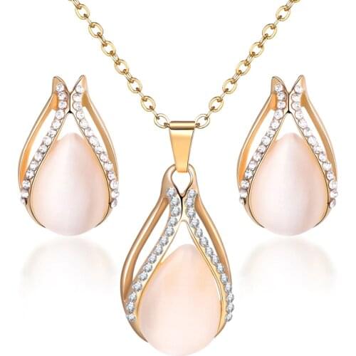 Hesiod Elegant Waterdrop Pendant Necklace Earrings Bridal Engagement Jewelry Sets Gold Color Crystal Cat Eye Opals Jewelry Gifts