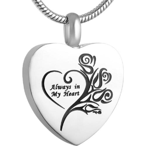 IJD9122 Stainless Steel Cremation Always in My Heart Keepsake Pendant for Ashes Urn Memorial Necklace Jewelry