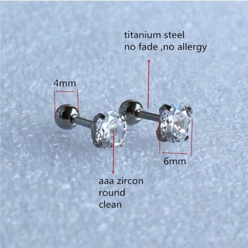 Korean Titanium Screw Stud Earrings With AAA Zircon 6mm 316L Stainless Steel No Fade No Allergy