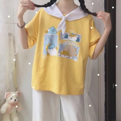 Japanese Akita Style Girl Cute Cartoon Shiba Inu Print Bow Sailor Collar Short Sleeve T shirt Kawaii Lolita Tees Tops T-shirts