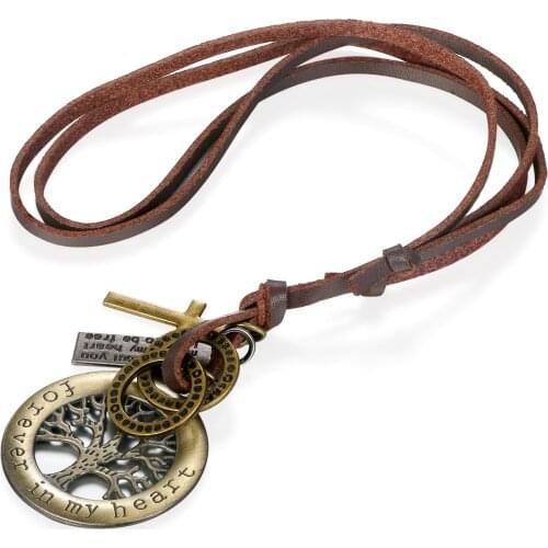 BONISKISS Mens Leather Necklaces Life Tree Adjustable Women pendant Necklace Fashion Jeweley Collier Femme Charm Rope Chain