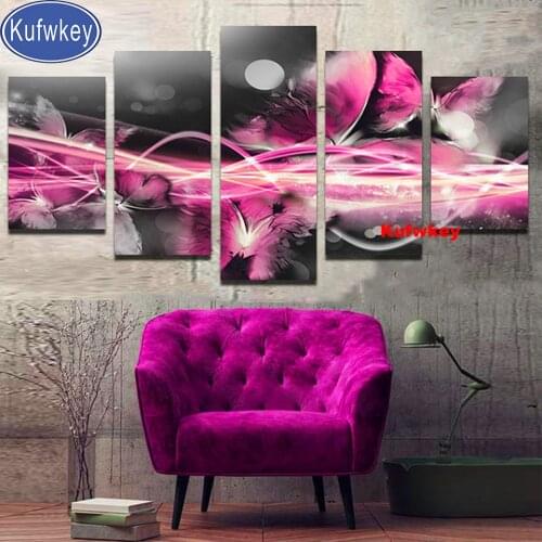 5 Panel Diy Diamond Painting"Beautiful Pink Butterfly"Pattern Background Mosaic Round Drill embroidery For Home Art,Multi Panel