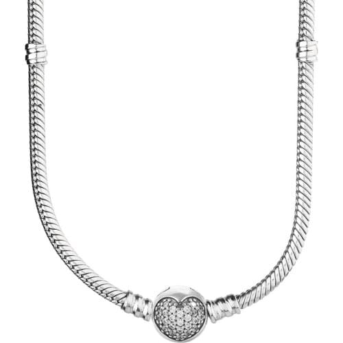 Original Pave Love Heart Clasp With Crystal Snake Chain Necklace For 925 Sterling Silver Bead Charm Europe DIY Jewelry