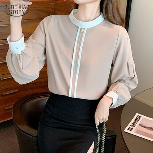 2021 Autumn Loose Blouse Tops Women Fashion Shirt Contrast Lantern Sleeve Blouse Woman Elegant Tops All-match New Blusas 16383