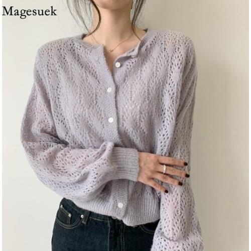 Autumn Hollow Out Woman Blouses Solid Elegant Vintage Office Lady Tops Casual Long Sleeve Womens Shirt Knitted Cardigans 9824