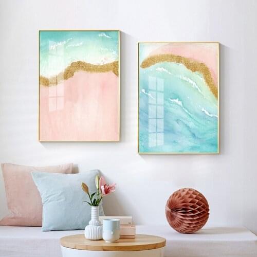 Simple Nordic Abstract Pink Sea Beach Golden Canvas Painting Art Print Poster Picture Wall Living Room Bedroom Home Decoration