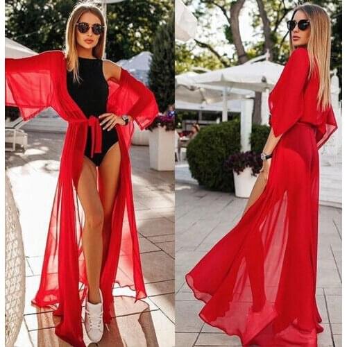 Sexy Women Long Bikini Cover Up Solid Chiffon Open Front Cover Ups Sun Proof Lace Up Swimsuit Cover Cardigan Summer Beachwear