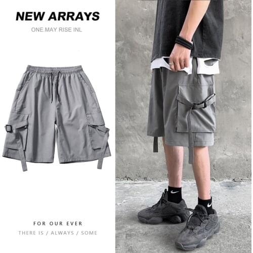 2021 Summer Male Short Men Cargo Shorts Ribbons Black Hip Hop Streetwear Casual Male Sportswear Shorts Men Clothing Bermuda