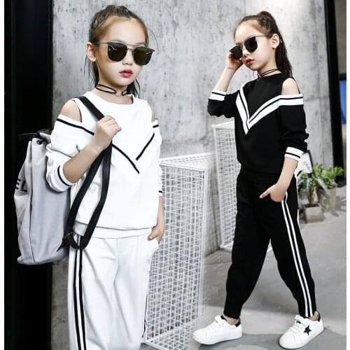 Big Girls Sports Suits Off Shoulder Black and White Clothing Set for Teenage Autumn Tracksuit Kids Sportswear girl clothes set
