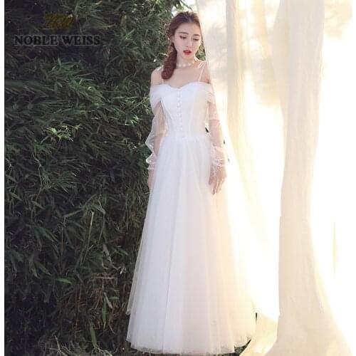 Wedding dresses boat neck tulle a-line simple wedding dress sexy floor-length bridal dresses with long sleeves wedding gown