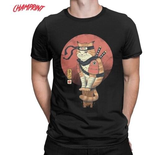 Japanese Style Cat Anime Samurai Sword Men T Shirts Japan Novelty Tees Short Sleeve T-Shirts Cotton Gift Idea Clothing