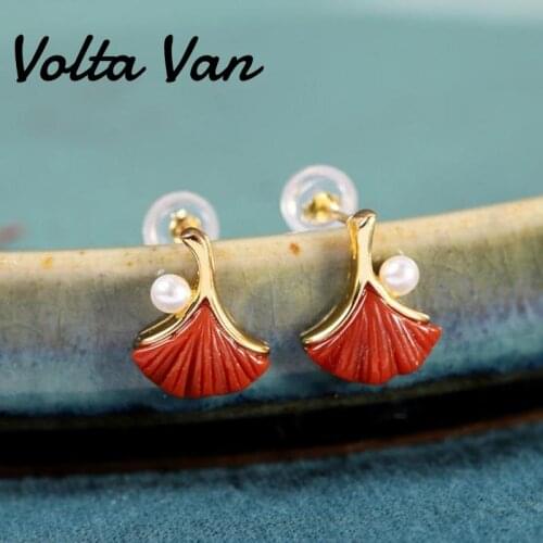 Volta Van 925 Sterling Silver Stud Earrings 2021 New Elegant South Red Agate Fine Jewelry Design Concise Ginkgo Shell Earrings