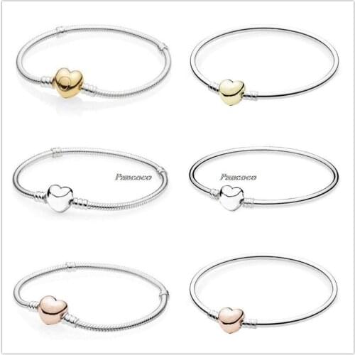 Authentic 925 Sterling Silver Bracelet Rose Love Heart Clasp Snake Chain Bangle Fit Women Bead Charm Diy Pandora Jewelry