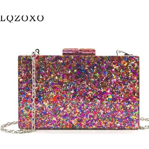Women clutch with golden chain shoulder handbags plastic wedding evening clutch purse box Behomian style sequined