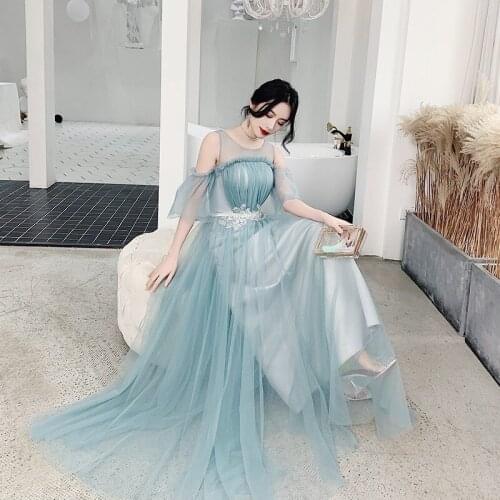 Summer Dress Elegant Sheer Mesh Lace Night Party Dresses Women Maxi Christmas New A-Line Ankle-Length Chiffon Blue Vestido Festa