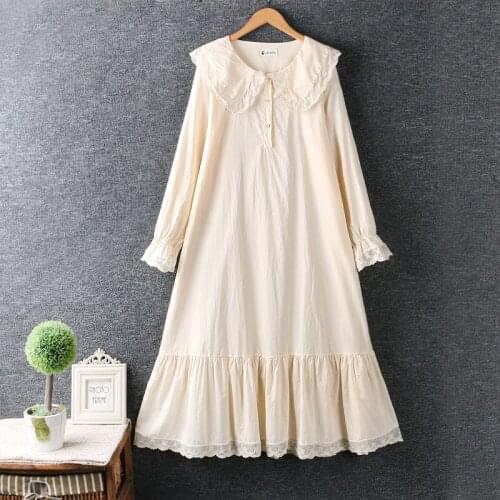 2021 Japan Style Mori Girl Women Dress Lace Turndown Collar Solid Color Cotton linen Loose Long Sleeve Dress