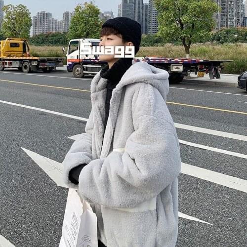 Harajuku Winter Warm Faux Fur Teddy Bear Hoodie Solid Sweatshirt Tops Hip Hop Casual Men Hooded Zip Up Baggy Sweatshirt Coat