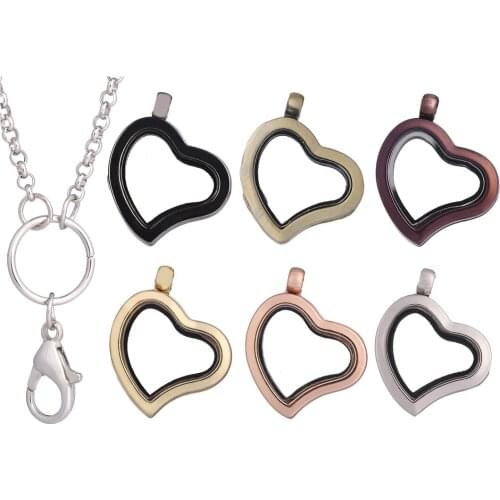 10pcs/lot Heart plain Locket Pendant Necklace Jewelry For Women Magnetic Magent Memory Living Floating charms Locket Free Chain