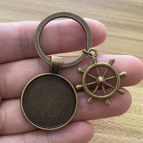 2Pcs 25mm Cabochon Blank Keychain Pendant Base Rudder Charm Family Safe Wish Diy Fit 25mm Glass Key Ring Jewelry Making Crafts