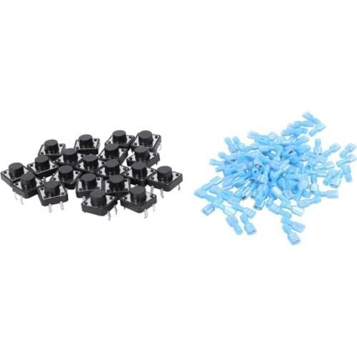 20 Pcs 12X12X7Mm PCB Tact Switch 4 Pin DIP & 100Pcs Female Fully Insulated Wire Crimp Terminal Nylon for 16-14AWG