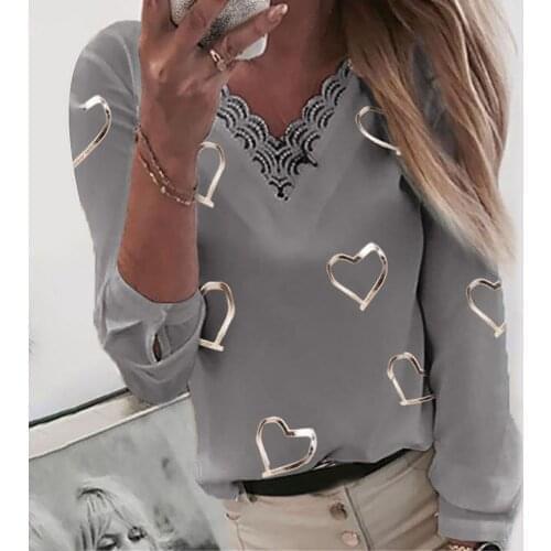 40# Lace Blouses Women Office Splicing Vintage Hearts Print Elegant Shirts V-neck Long Sleeve Teeshirt Blusas Mujer De Moda 2021