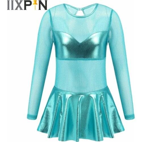 Ballet Dress Kids Glittering See-through Long Sleeve Dance Gymnastics Leotard Dress Girls Dancewear Ballerina Party Costumes