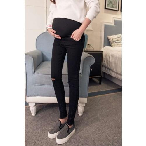 Pregnant women stomach lift nine pants wear tide mother pants trousers black and white pregnant women denim pencil pants