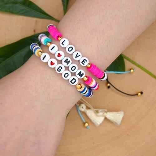 Boho Polymer Clay Letter Disc Beads Bracelets for Women Girl Charm Handmaed Rainbow Adjustable Bracelet Wristband Jewelry