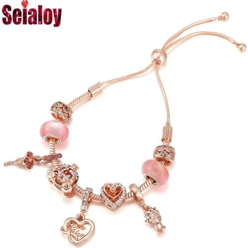 Seialoy Rose Gold Goddess Rose Heart Charm Bracelets For Women Original Carriage Pink Crystal Beads Adjustable Bracelet Jewelry